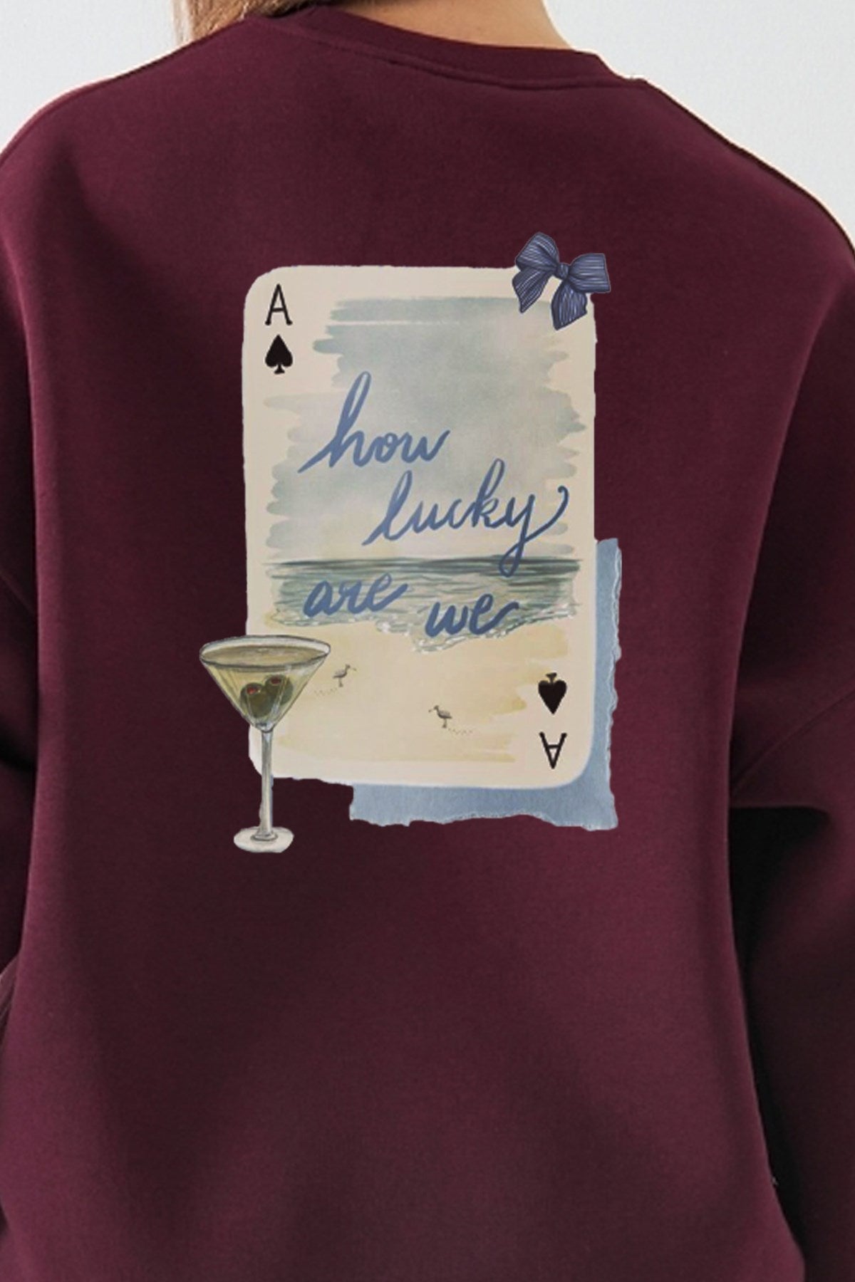 Kadın Oversize Sweatshirt How Lucky Are We Baskılı Bordo – Bisiklet Yaka, 3 İplik Şardonlu Polar