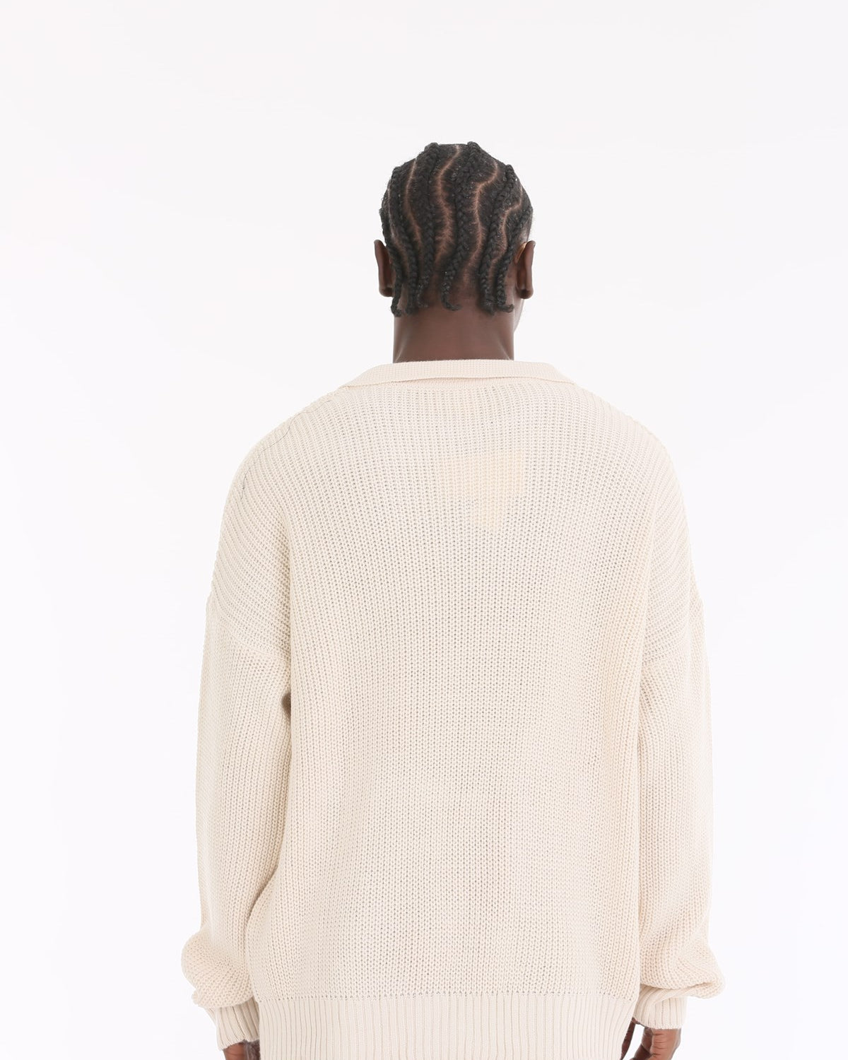Polo Yaka Örme Triko Fitilli Ekru Oversize Erkek Kazak