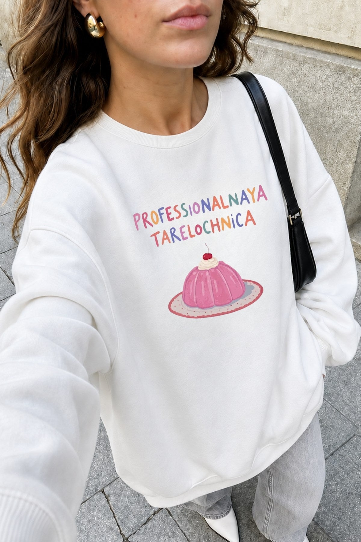 Kadın Oversize Sweatshirt Elbise Sweet Mood Baskılı Beyaz – Bisiklet Yaka, 3 İplik Şardonlu Polar