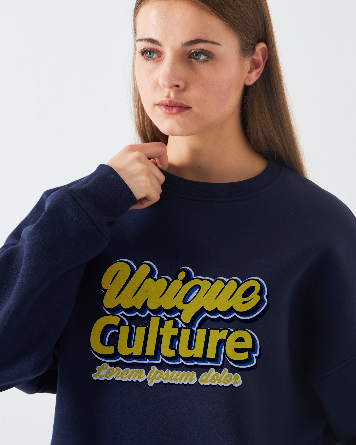 Kadın Oversize Sweatshirt Unique Culture Baskılı Lacivert – Bisiklet Yaka, 3 İplik Şardonlu Polar