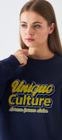 Kadın Oversize Sweatshirt Unique Culture Baskılı Lacivert – Bisiklet Yaka, 3 İplik Şardonlu Polar