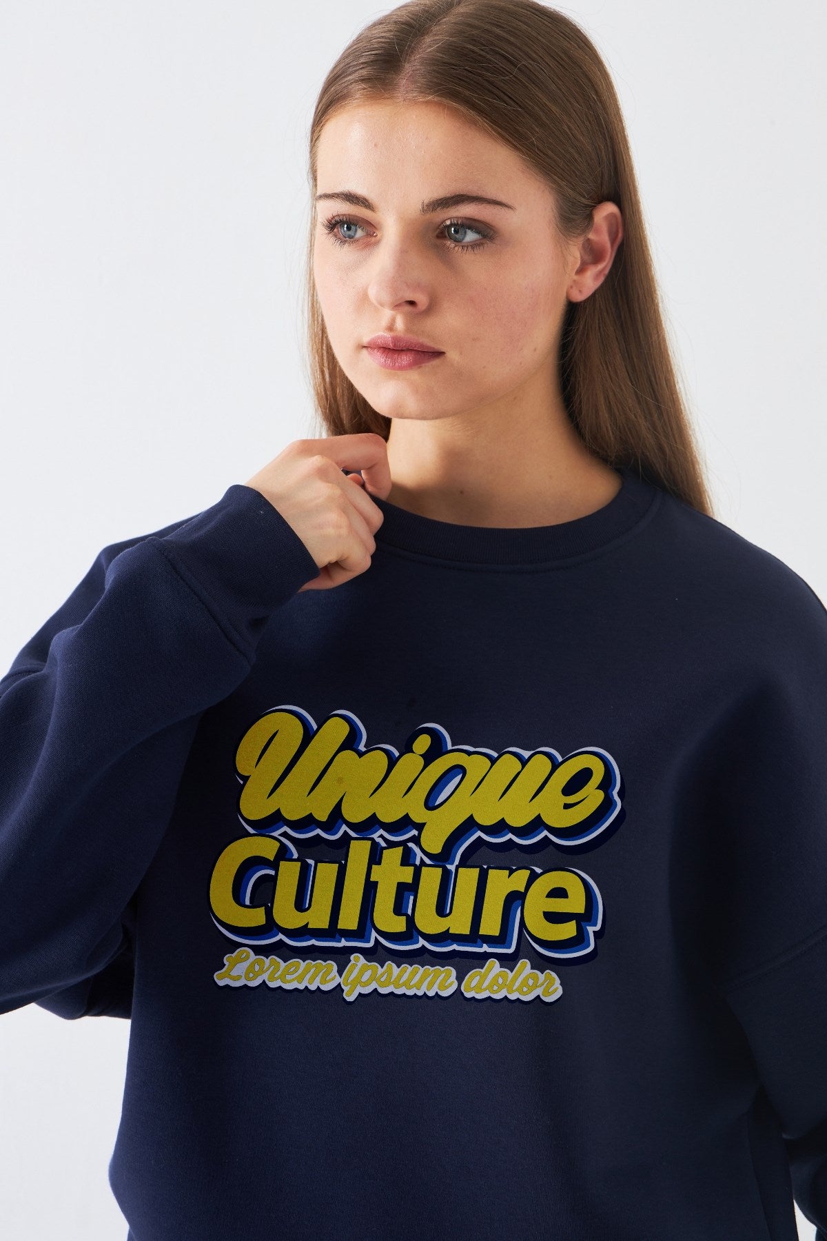Kadın Oversize Sweatshirt Unique Culture Baskılı Lacivert – Bisiklet Yaka, 3 İplik Şardonlu Polar