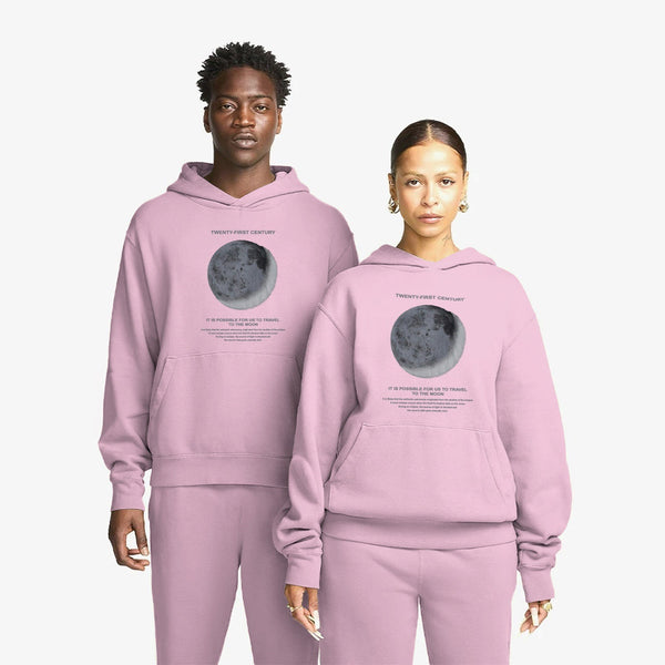 Kapüşonlu İçi Polar Moon Baskılı Pembe Unisex Hoodie Sweatshirt