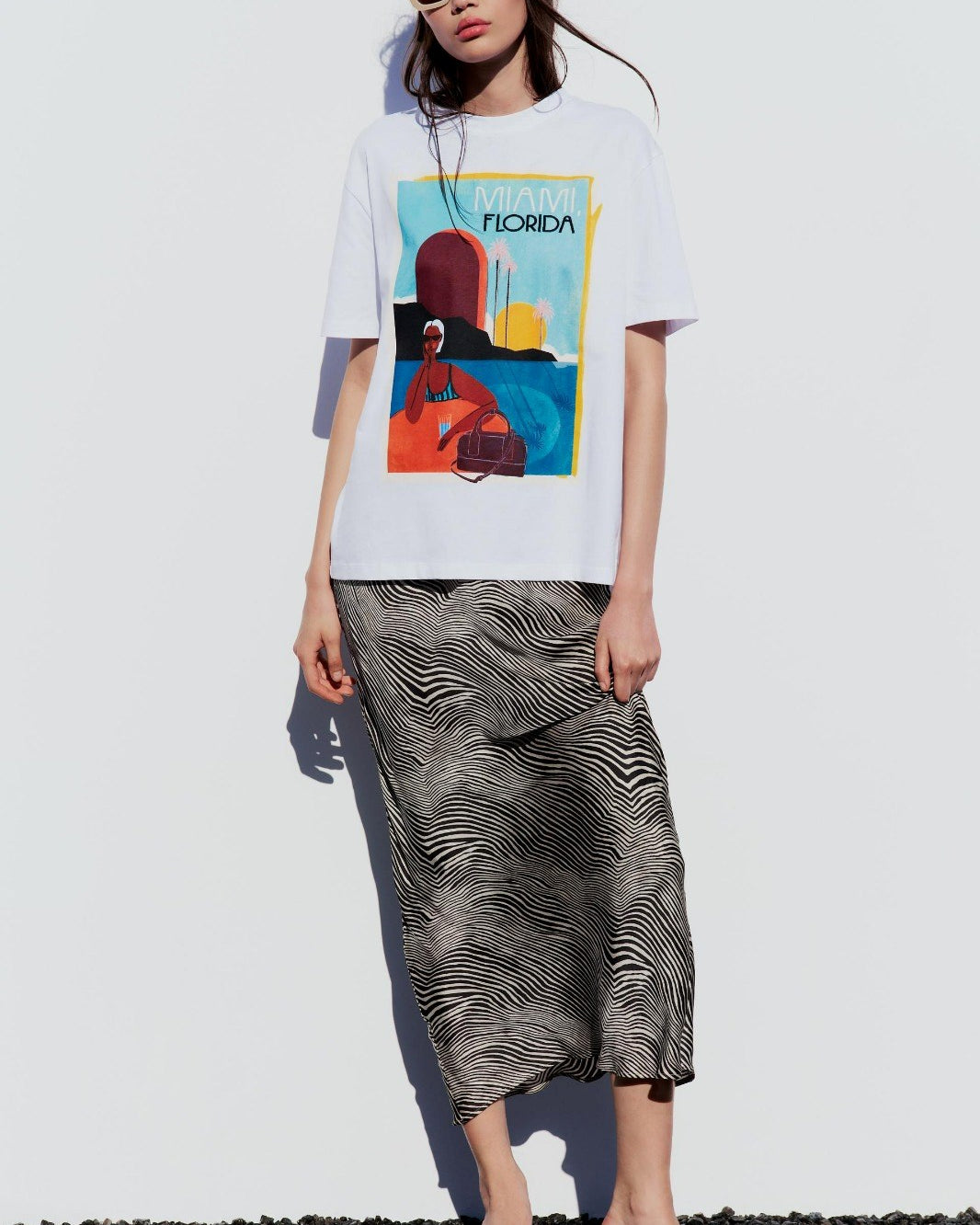 Kadın Miami-Florida Baskılı Beyaz T-Shirt
