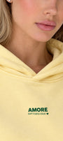 Kadın Oversize Hoodie Amore Baskılı Sarı – Kapüşonlu, Kanguru Cepli, 3 İplik Şardonlu Polar