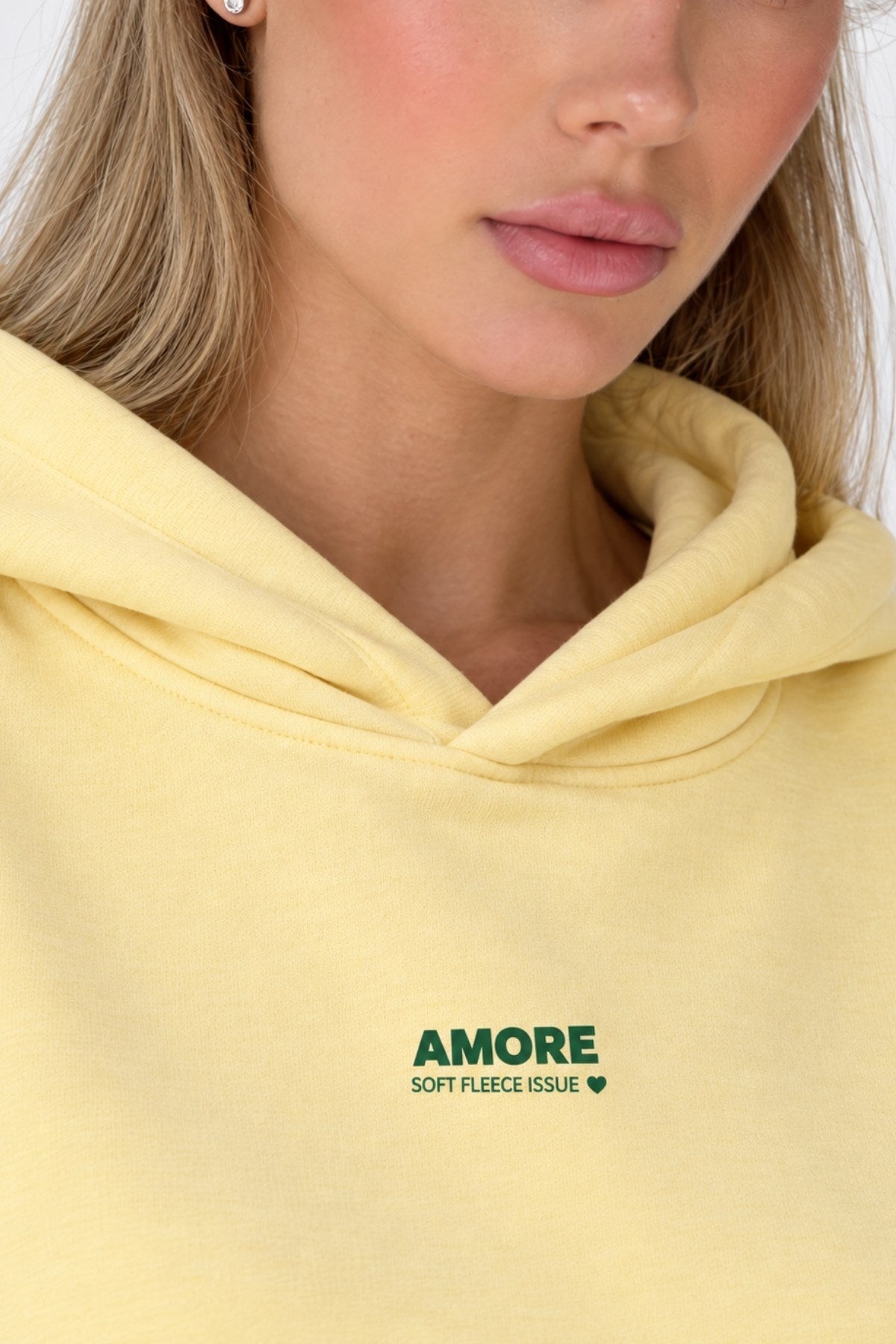 Kadın Oversize Hoodie Amore Baskılı Sarı – Kapüşonlu, Kanguru Cepli, 3 İplik Şardonlu Polar