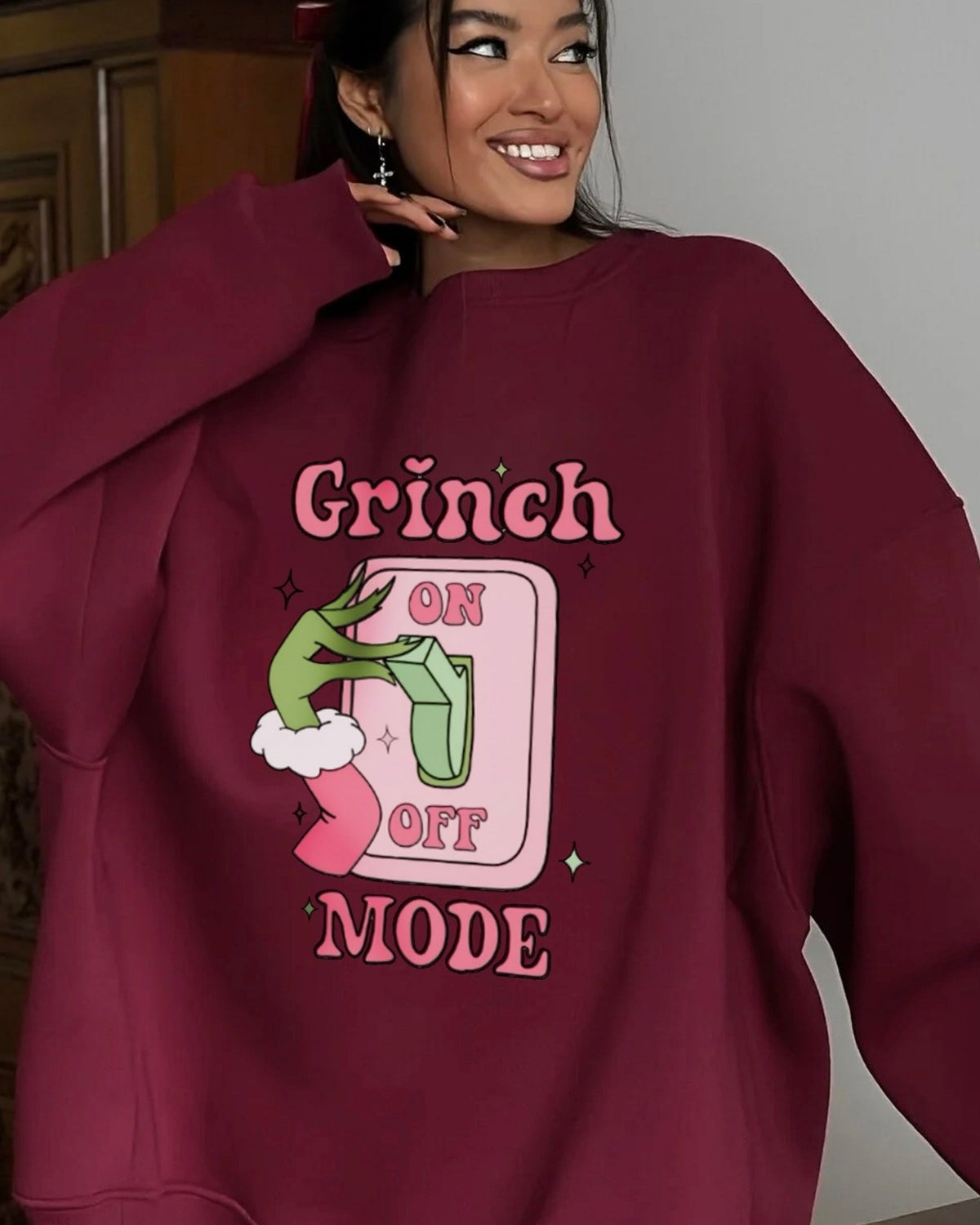 Kadın Oversize Sweatshirt Elbise Grinch Mode Baskılı Bordo – Bisiklet Yaka, 3 İplik Şardonlu Polar