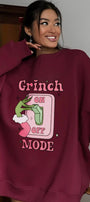 Kadın Oversize Sweatshirt Elbise Grinch Mode Baskılı Bordo – Bisiklet Yaka, 3 İplik Şardonlu Polar