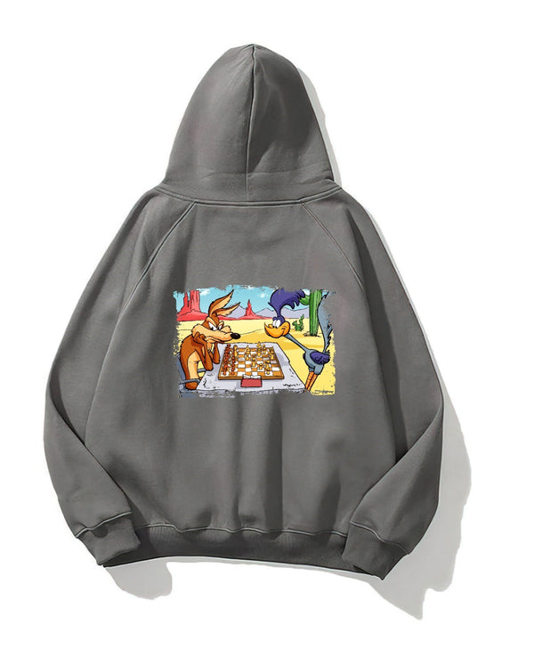 Kapüşonlu İçi Polar Satranç Cartoon Baskılı Füme Unisex Oversize Hoodie Sweatshirt