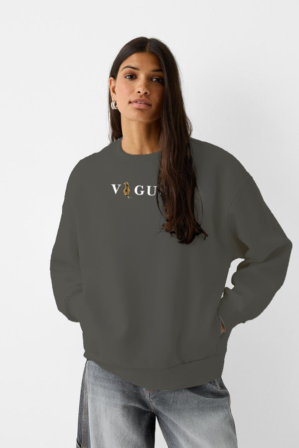 Vogue Yazı Baskılı Bisiklet Yaka İçi Polar Oversize Kesim Unisex Füme Sweatshirt