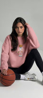 Kadın Oversize Sweatshirt Pink Suit Bear 3D Baskılı Pembe – Bisiklet Yaka, 3 İplik Şardonlu Polar