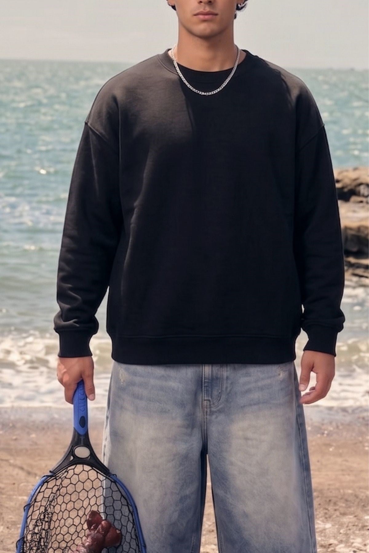 Erkek Oversize Sweatshirt Extinction Baskılı Siyah – Bisiklet Yaka, 3 İplik Şardonlu Polar