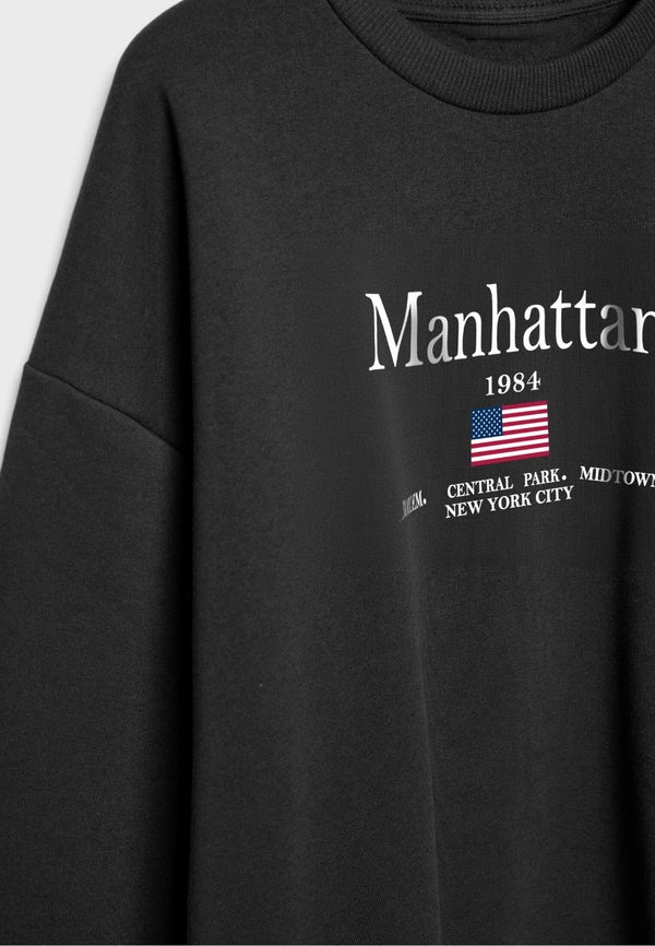 Bisiklet Yaka İçi Polar Manhattan 1984 Yazı Baskılı Siyah Oversize Sweatshirt