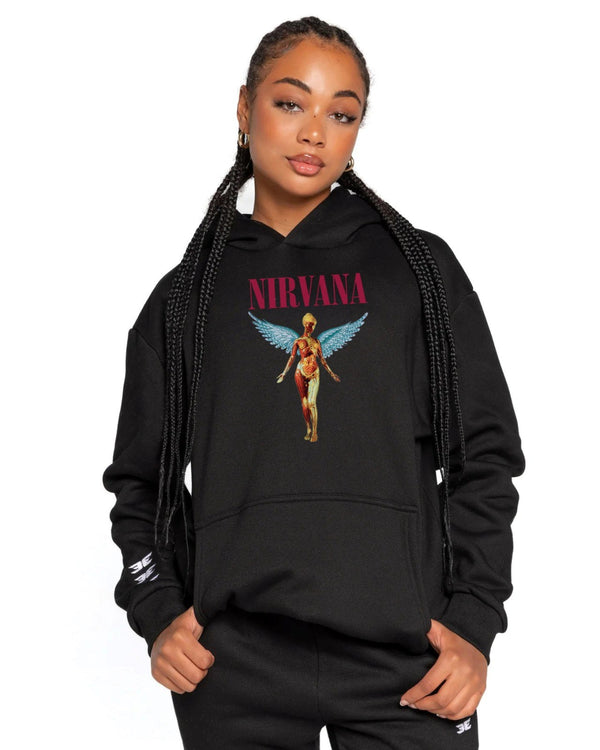 Kapüşonlu İçi Polar Nirvana Angel Baskılı Siyah Unisex Hoodie Sweatshirt