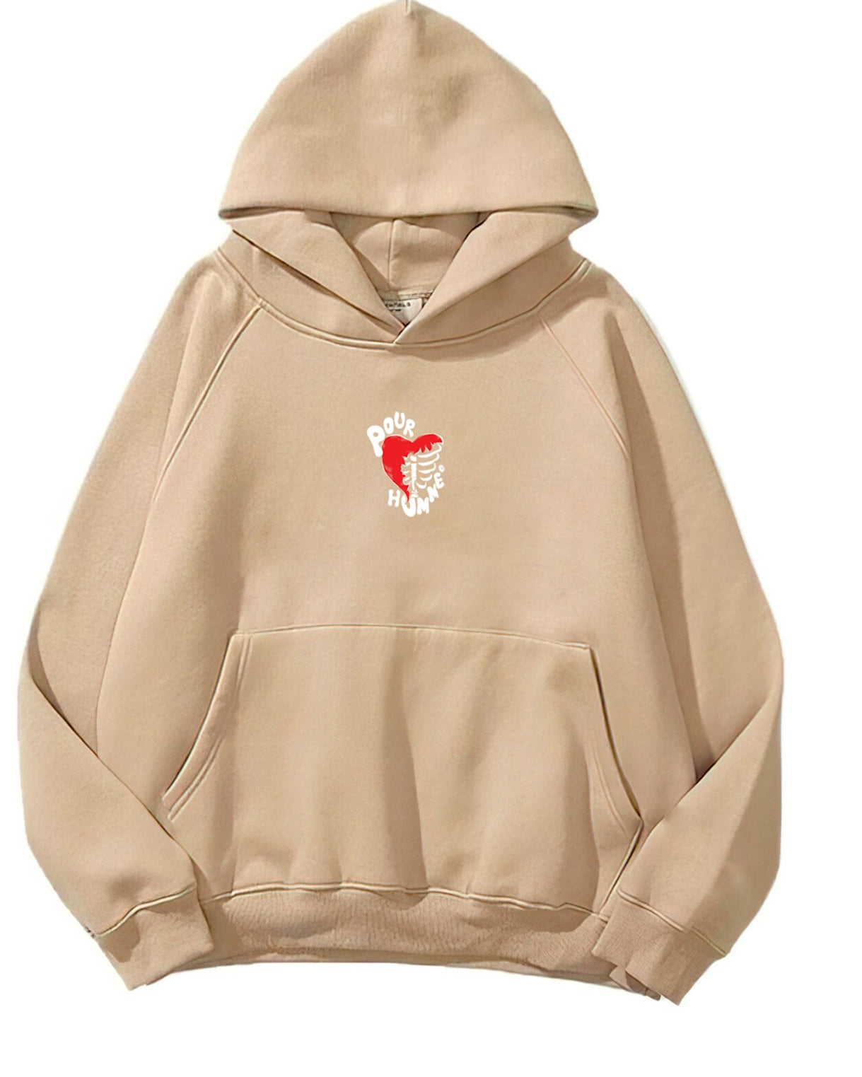 Kapüşonlu İçi Polar Kalp İskelet Baskılı Bej Unisex Hoodie Sweatshirt