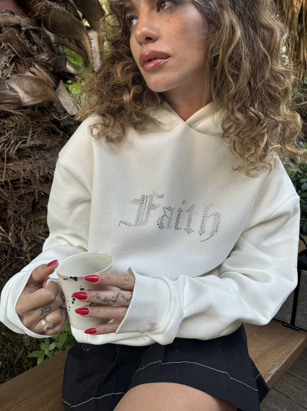 Faith Yazılı Taş Baskılı Kapüşonlu İçi Polar Oversize Beyaz Sweatshirt