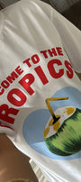 Kadın Beyaz Tişört – Tropikal Hindistan Cevizi Baskılı Welcome to The Tropics Yazlık Oversize