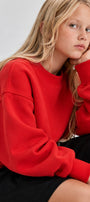 Kız Çocuk Oversize Sweatshirt Basic Kırmzı – Bisiklet yaka, 3 iplik şardonlu polar