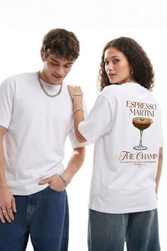 Unisex Oversize Tişört Espresso Martini Baskılı Beyaz – Bisiklet Yaka, Rahat Kalıp, %100 Pamuk