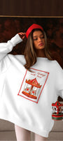 Kadın Oversize Sweatshirt Elbise Carousel Love Baskılı Beyaz – Bisiklet Yaka, 3 İplik Şardonlu Polar