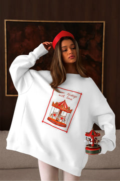 Kadın Oversize Sweatshirt Elbise Carousel Love Baskılı Beyaz – Bisiklet Yaka, 3 İplik Şardonlu Polar