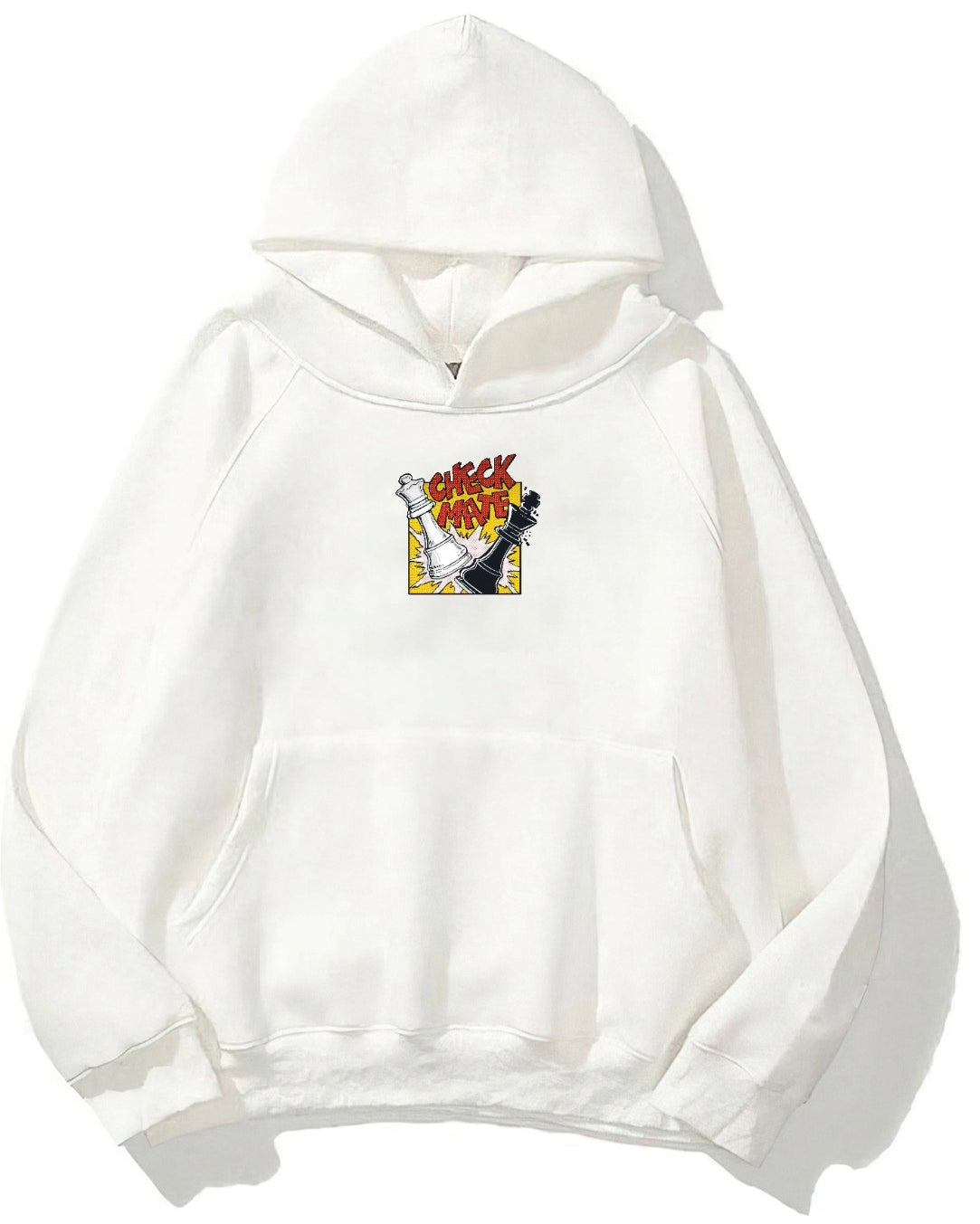 Kapüşonlu İçi Polar Satranç Cartoon Baskılı Beyaz Unisex Oversize Hoodie Sweatshirt
