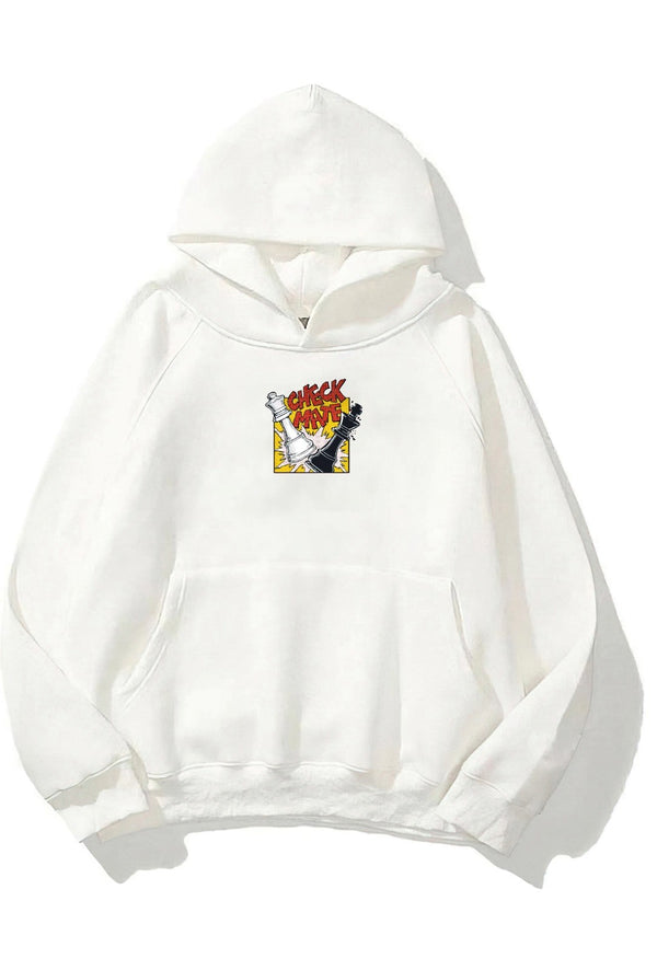 Kapüşonlu İçi Polar Satranç Cartoon Baskılı Beyaz Unisex Oversize Hoodie Sweatshirt