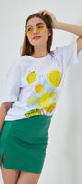 Kadın Limon Baskılı Lila Oversize Yazlık Tişört Squeeze The Day Beyaz
