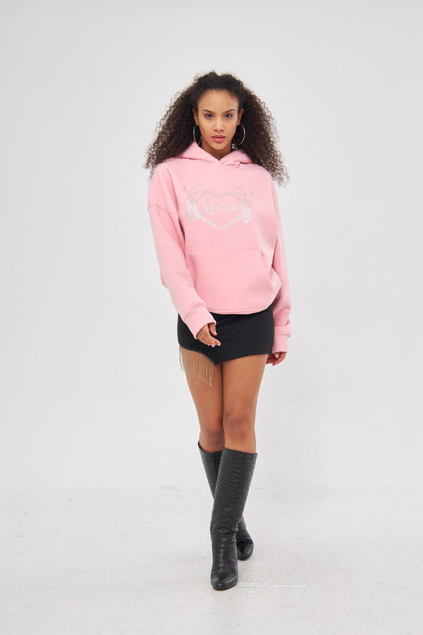 Amor Yazılı Taş Baskılı Kapüşonlu İçi Polar Oversize Pembe Sweatshirt