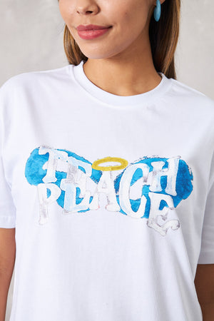 The Champ Treache Peace Yazılı Kanat Tasarım Baskılı Oversize Beyaz Kadın T-Shirt