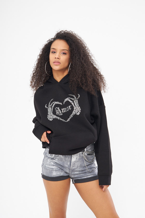 Amor Yazılı Taş Baskılı Kapüşonlu İçi Polar Oversize Siyah Sweatshirt