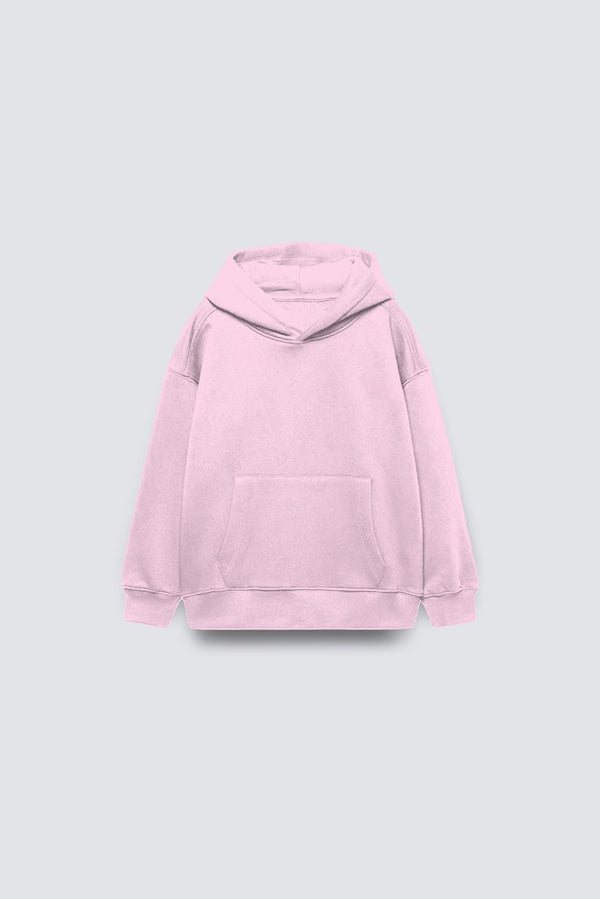 Pembe Basic Çocuk Kapüşonlu Kanguru Cep Detaylı İçi Polar Oversize Sweatshirt