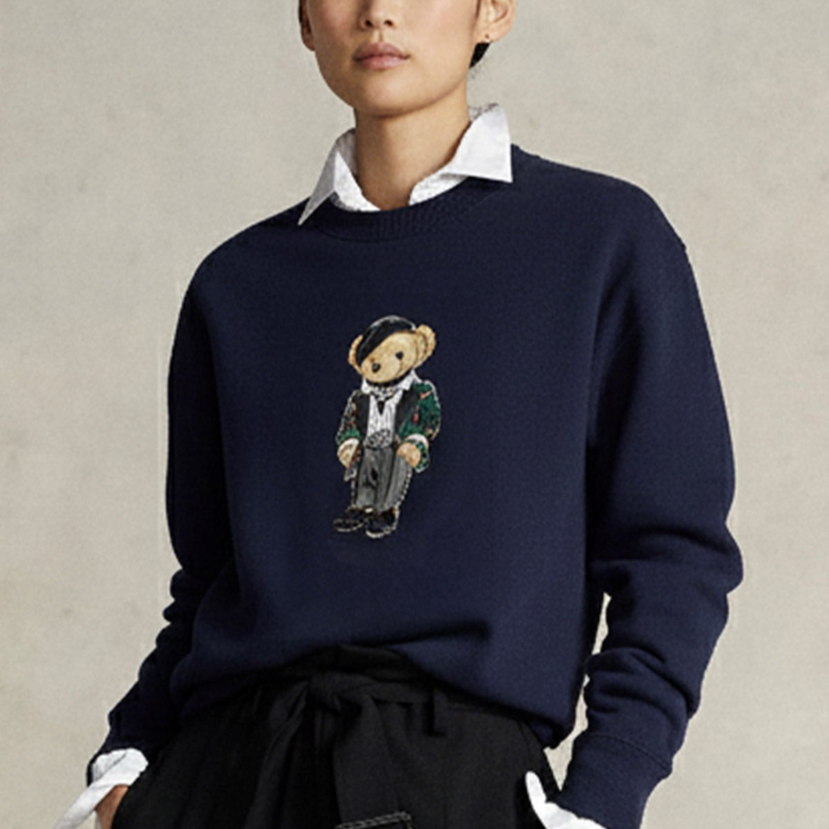 Kadın Oversize Sweatshirt Parisian Bear Baskılı Lacivert – Bisiklet Yaka, 3 İplik Şardonlu 