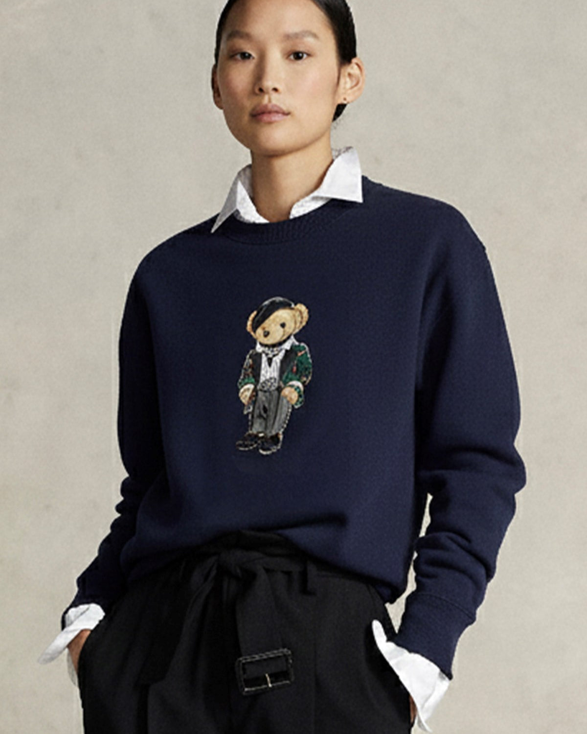 Kadın Oversize Sweatshirt Parisian Bear Baskılı Lacivert – Bisiklet Yaka, 3 İplik Şardonlu 