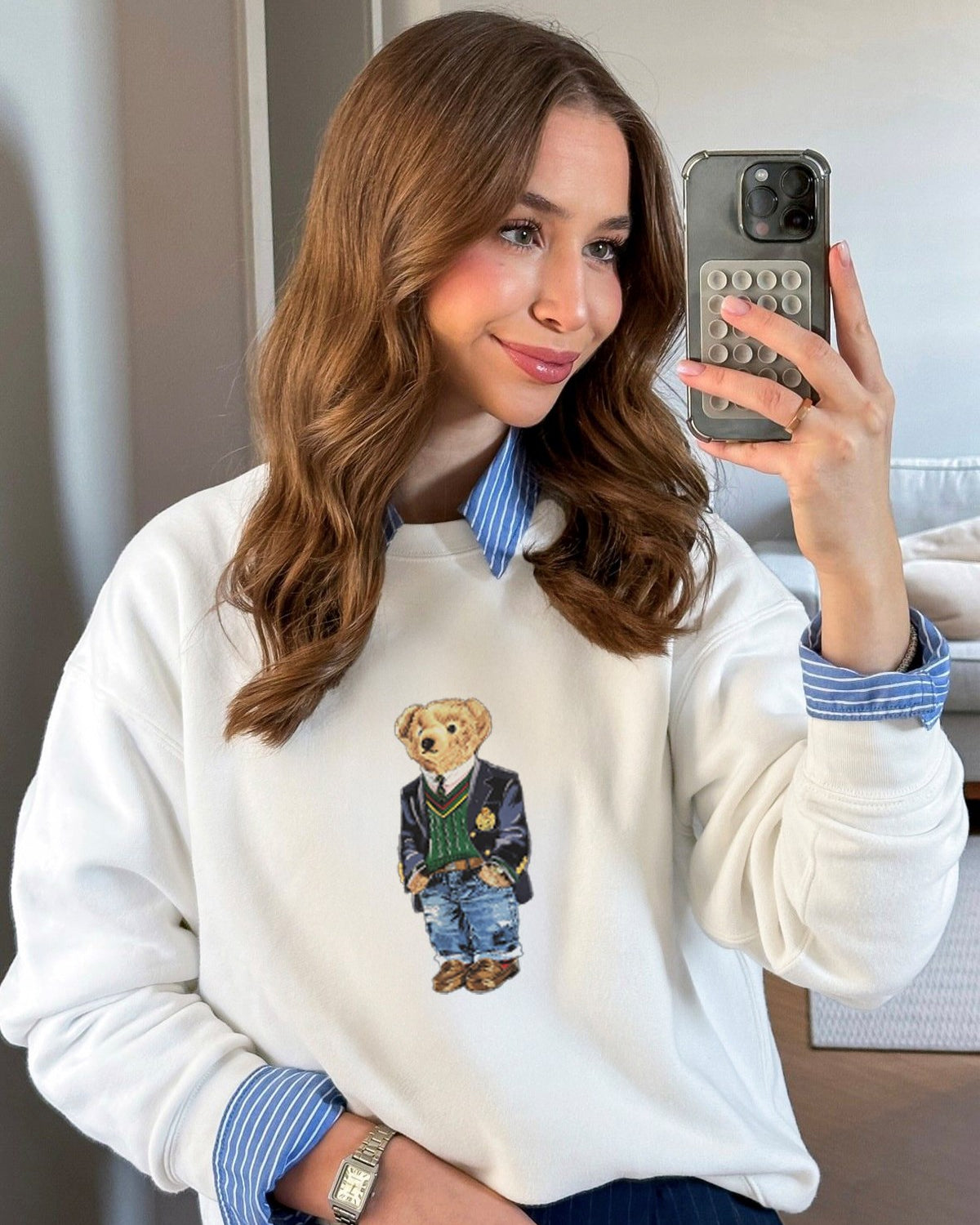 Kadın Oversize Sweatshirt Ivy Bear Baskılı Beyaz – Bisiklet Yaka, 3 İplik Şardonlu