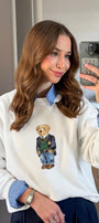 Kadın Oversize Sweatshirt Ivy Bear Baskılı Beyaz – Bisiklet Yaka, 3 İplik Şardonlu