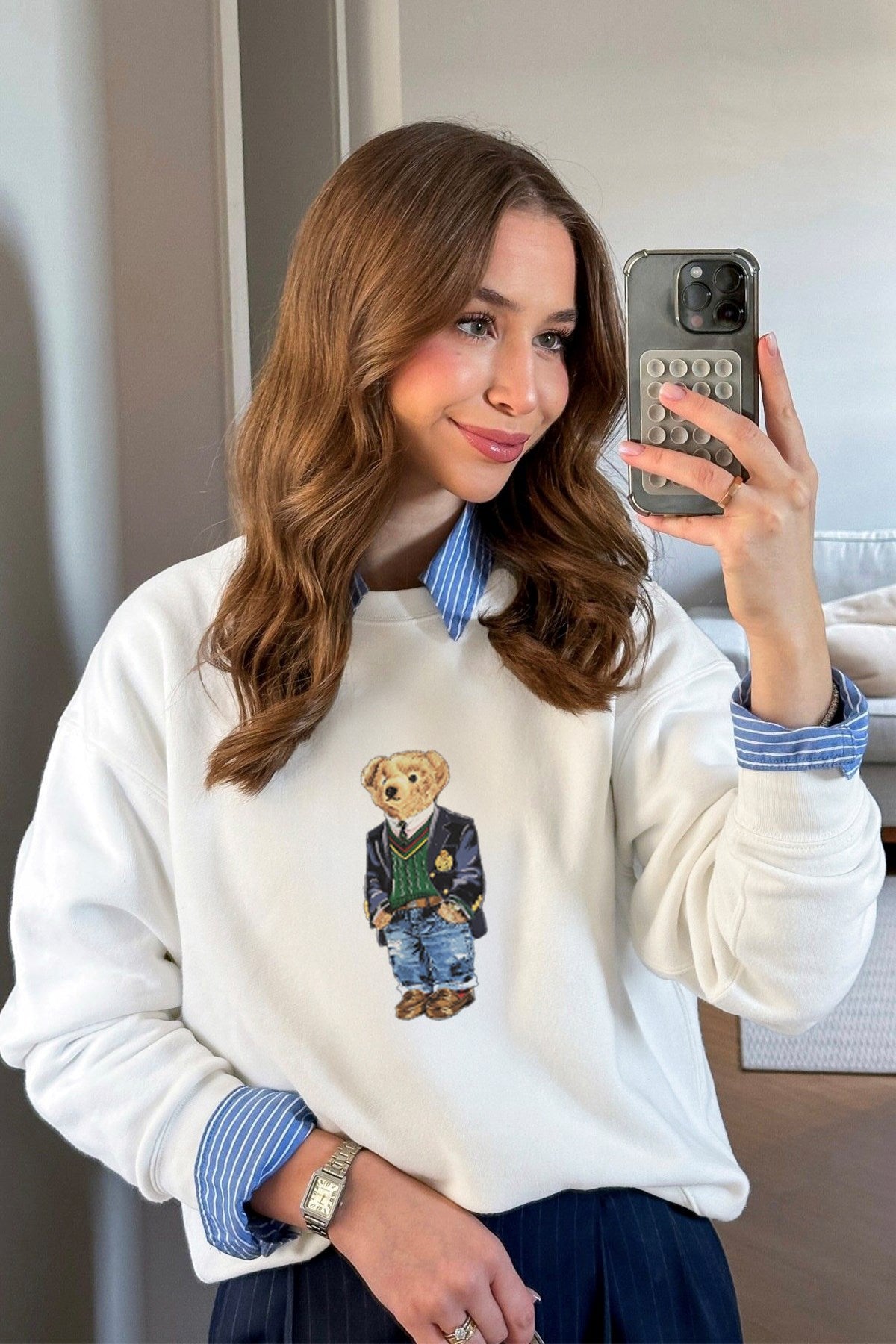 Kadın Oversize Sweatshirt Ivy Bear Baskılı Beyaz – Bisiklet Yaka, 3 İplik Şardonlu