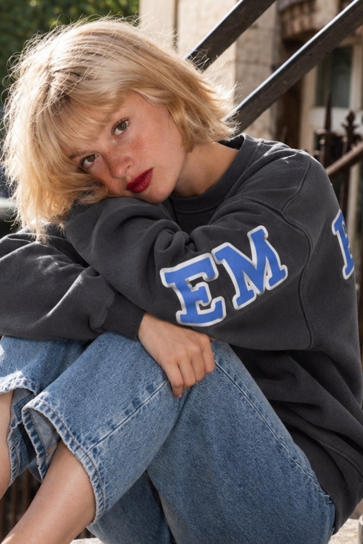 Kadın Oversize Sweatshirt Empathy 3D Baskılı Füme – Bisiklet Yaka, 3 İplik Şardonlu Polar