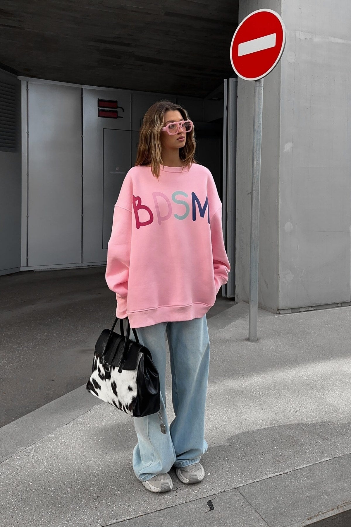 Kadın Oversize Sweatshirt Elbise Color Pop Baskılı Pembe – Bisiklet Yaka, 3 İplik Şardonlu Polar