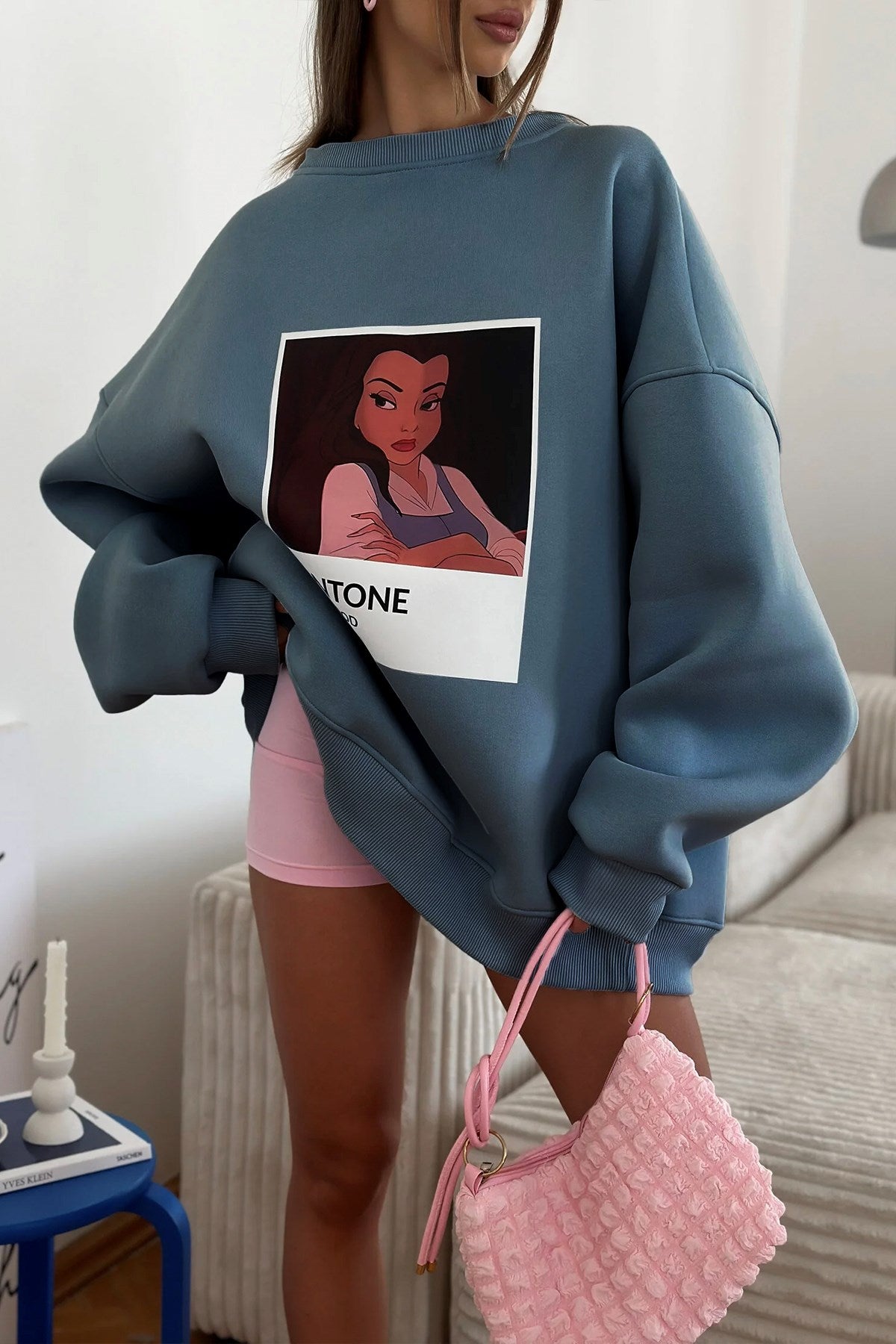 Kadın Oversize Sweat  – 3 İplik Şardonlu Polar, Bisiklet Yaka, Pantone – Prenses Baskılı