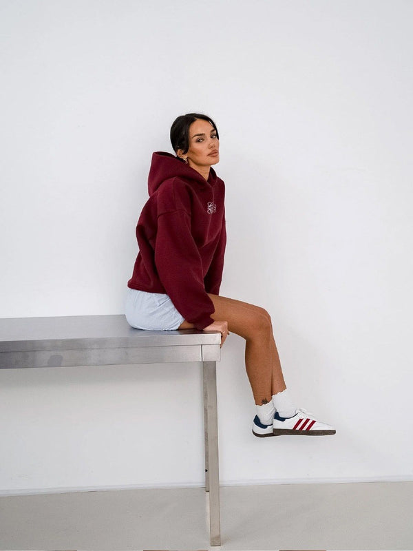 Bordo Unisex Yüksek Baskılı Kapüşonlu Kanguru Cepli Oversize Hoodie