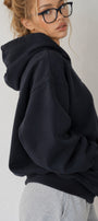 Kadın Oversize Hoodie Amore Baskılı Lacivert – Kapüşonlu, Kanguru Cepli, 3 İplik Şardonlu Polar