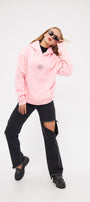 Kapüşonlu İçi Polar Taş Baskılı Pembe Oversize Hoodie Sweatshirt