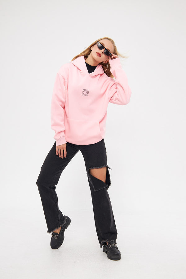 Kapüşonlu İçi Polar Taş Baskılı Pembe Oversize Hoodie Sweatshirt