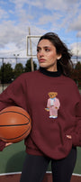 Kadın Oversize Sweatshirt Pink Suit Bear 3D Baskılı Bordo – Bisiklet Yaka, 3 İplik Şardonlu Polar