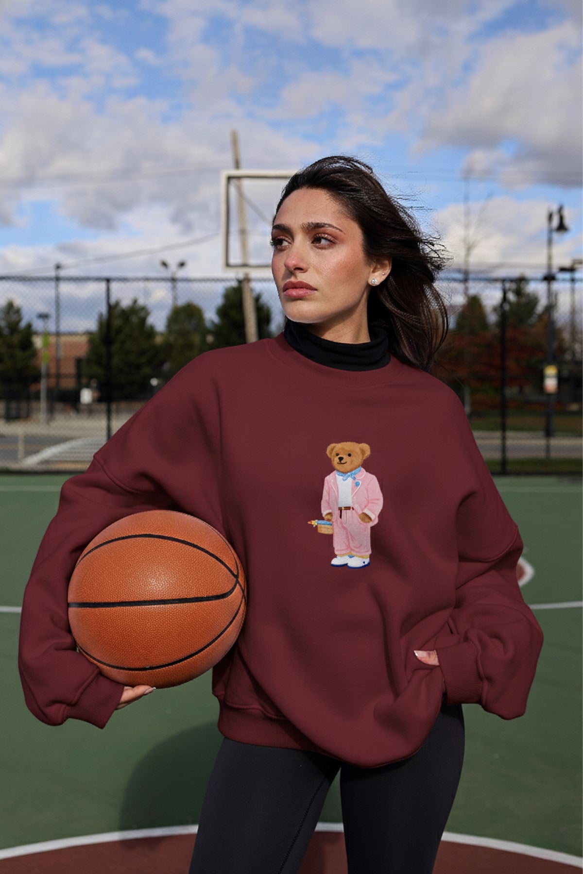 Kadın Oversize Sweatshirt Pink Suit Bear 3D Baskılı Bordo – Bisiklet Yaka, 3 İplik Şardonlu Polar