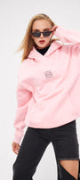 Kapüşonlu İçi Polar Taş Baskılı Pembe Oversize Hoodie Sweatshirt