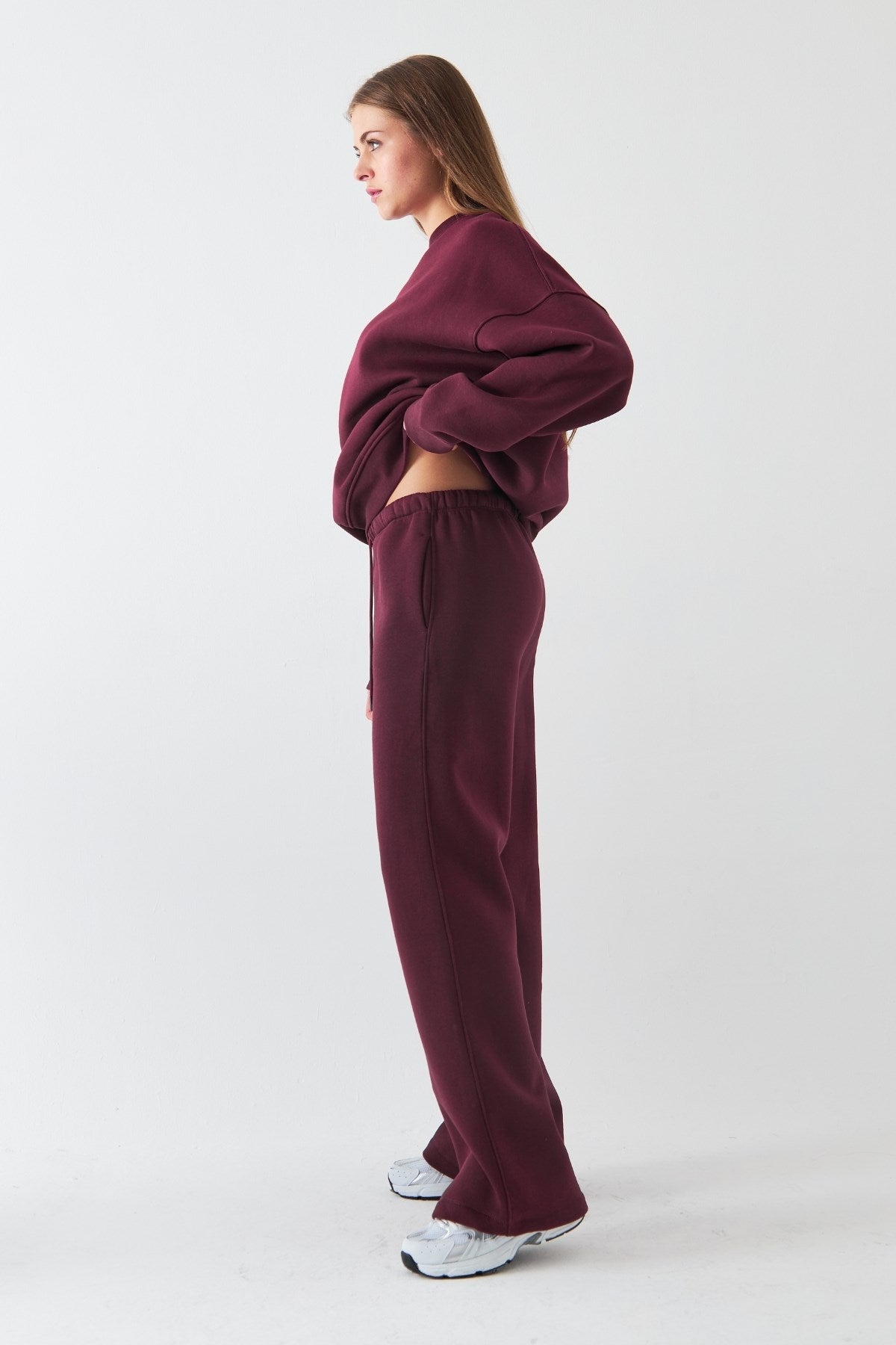 Unisex Oversize Eşofman Takımı Basic Bordo – Bisiklet Yaka, Boru Paça, 3 İplik Şardonlu Polar