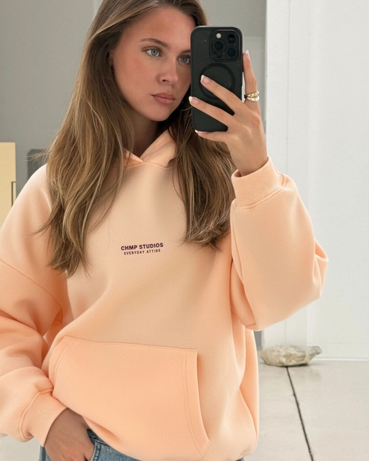 Kadın Oversize Sweatshirt Hoodie CHMP SUDIOS Turuncu – Kapüşonlu, 3 İplik , Kanguru Cepli