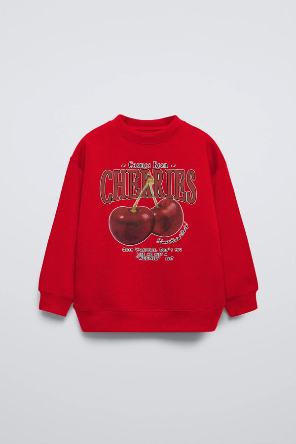 Kırmızı Çocuk Cherries Baskılı Bisiklet Yaka Basic Sweatshirt